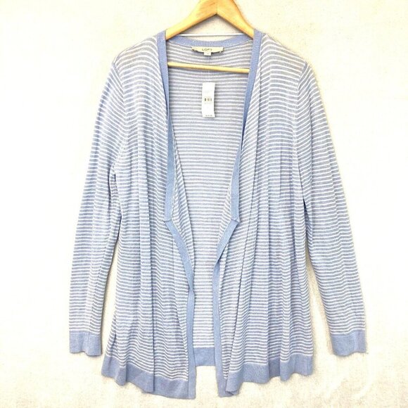 NWT Loft Open Front Cardigan Womens Large L Blue White Coastal Lightweight Beach - Picture 1 of 10